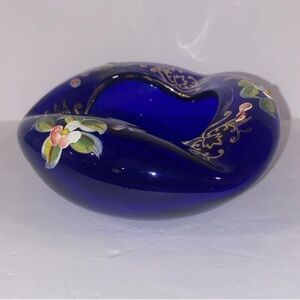 Cobalt Blue and Gold Hand Painted Flowers Czech Bohemian Glass Ashtray